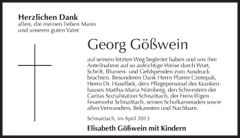 Traueranzeige von Georg Goesswein von Pegnitz-Zeitung